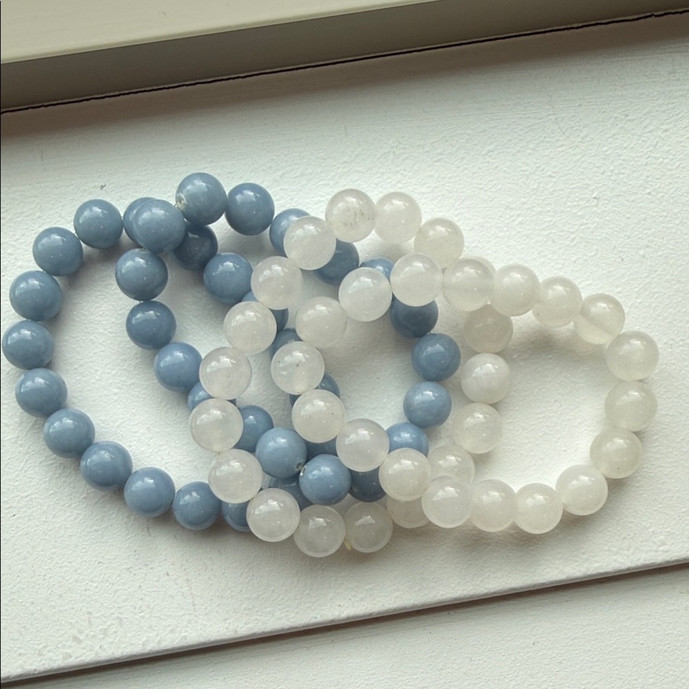 Blue and White Beaded Stretch Bracelets - Minimal Women’s Stack